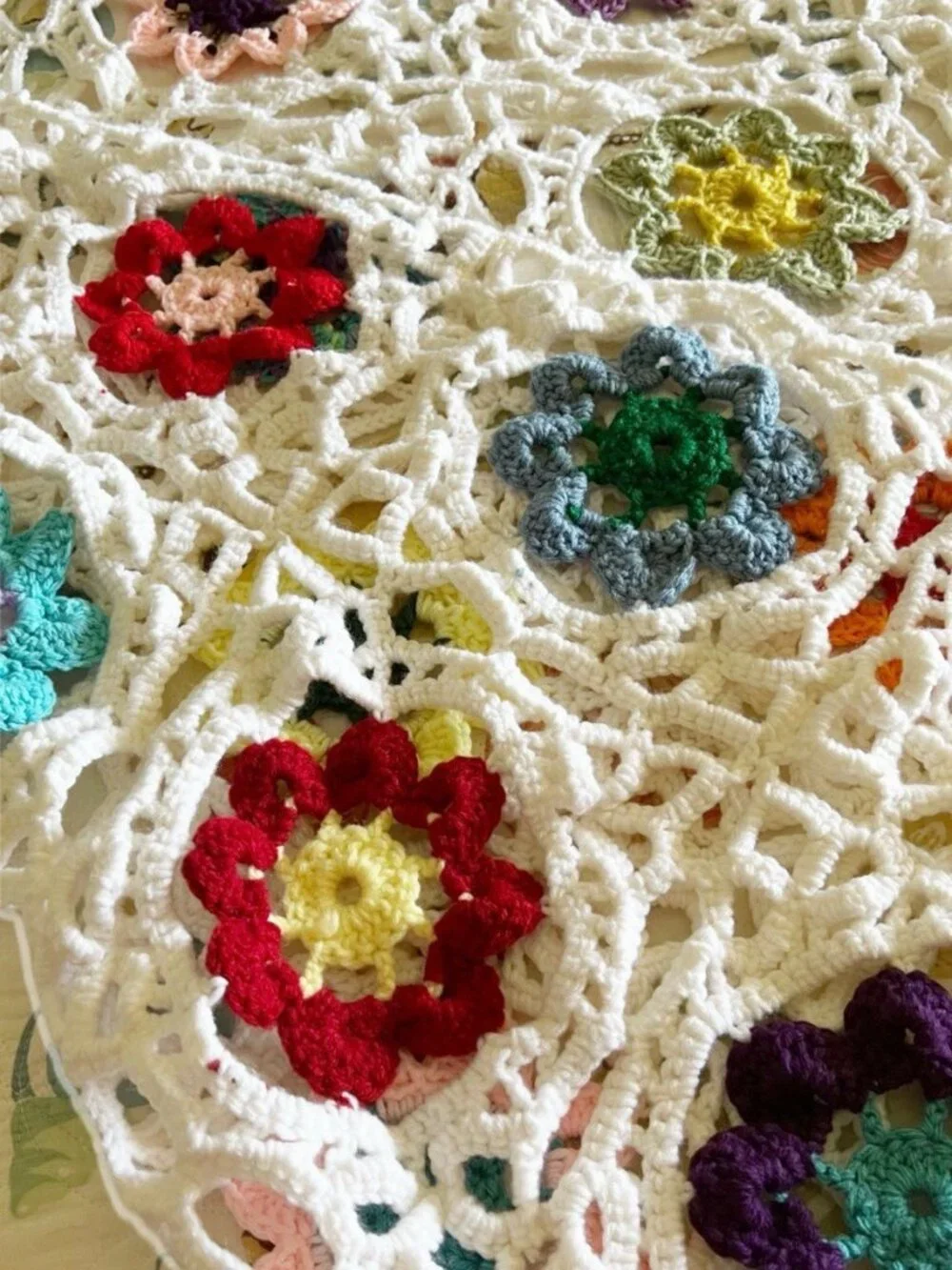 Colorful Fancy Granny Square w/ White Border Crochet Afghan Blanket Throw 50x100
